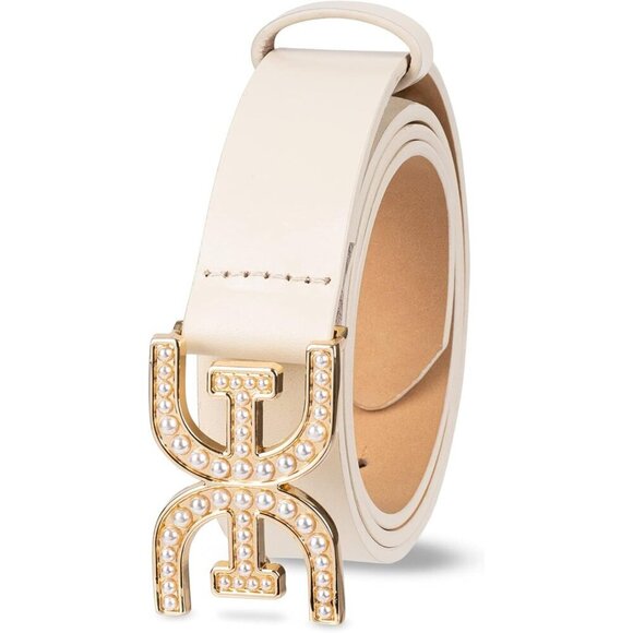 Women\'s Leather Belt Imitation Pearl Embellished Double-E Logo Buckle Dress